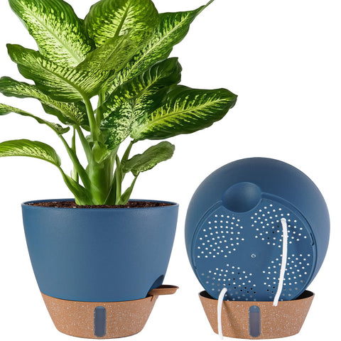 Fielda 10-inch navy self-watering planter on a bright windowsill for low-maintenance greenery.