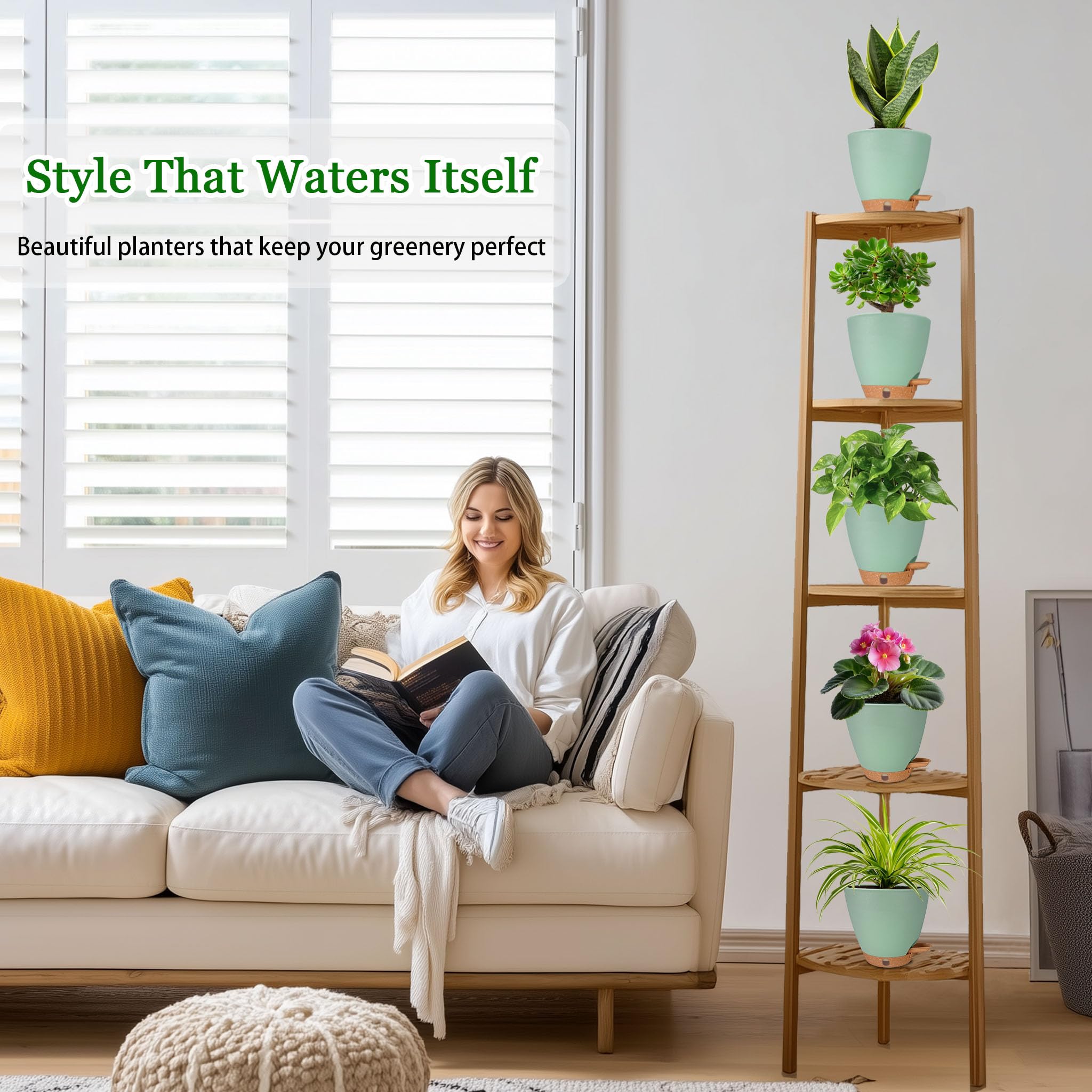 Fielda self-watering pot with drainage holes supports healthy roots and spill-free use.