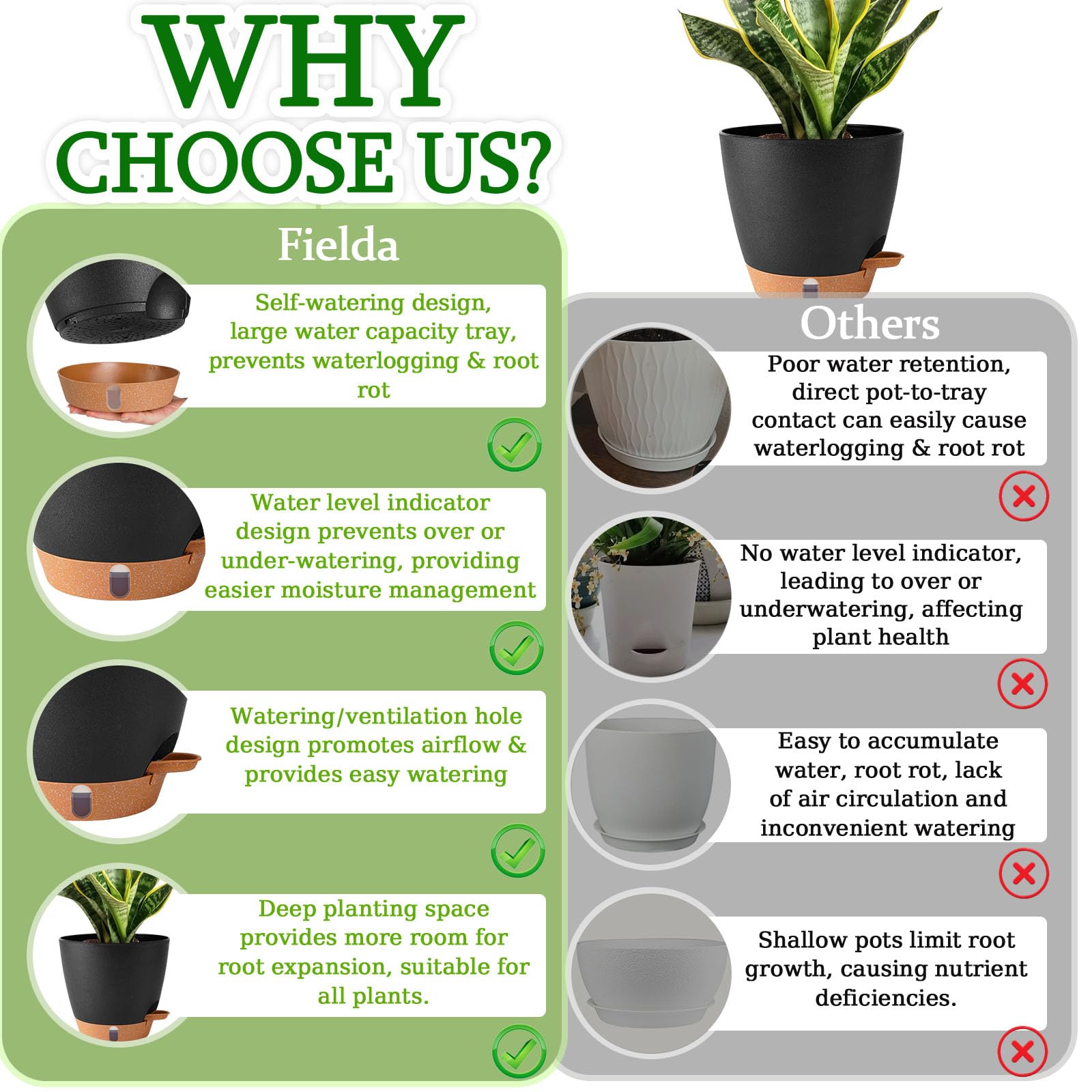 Fielda UV-resistant plastic pot withstands sun exposure indoors or outdoors.