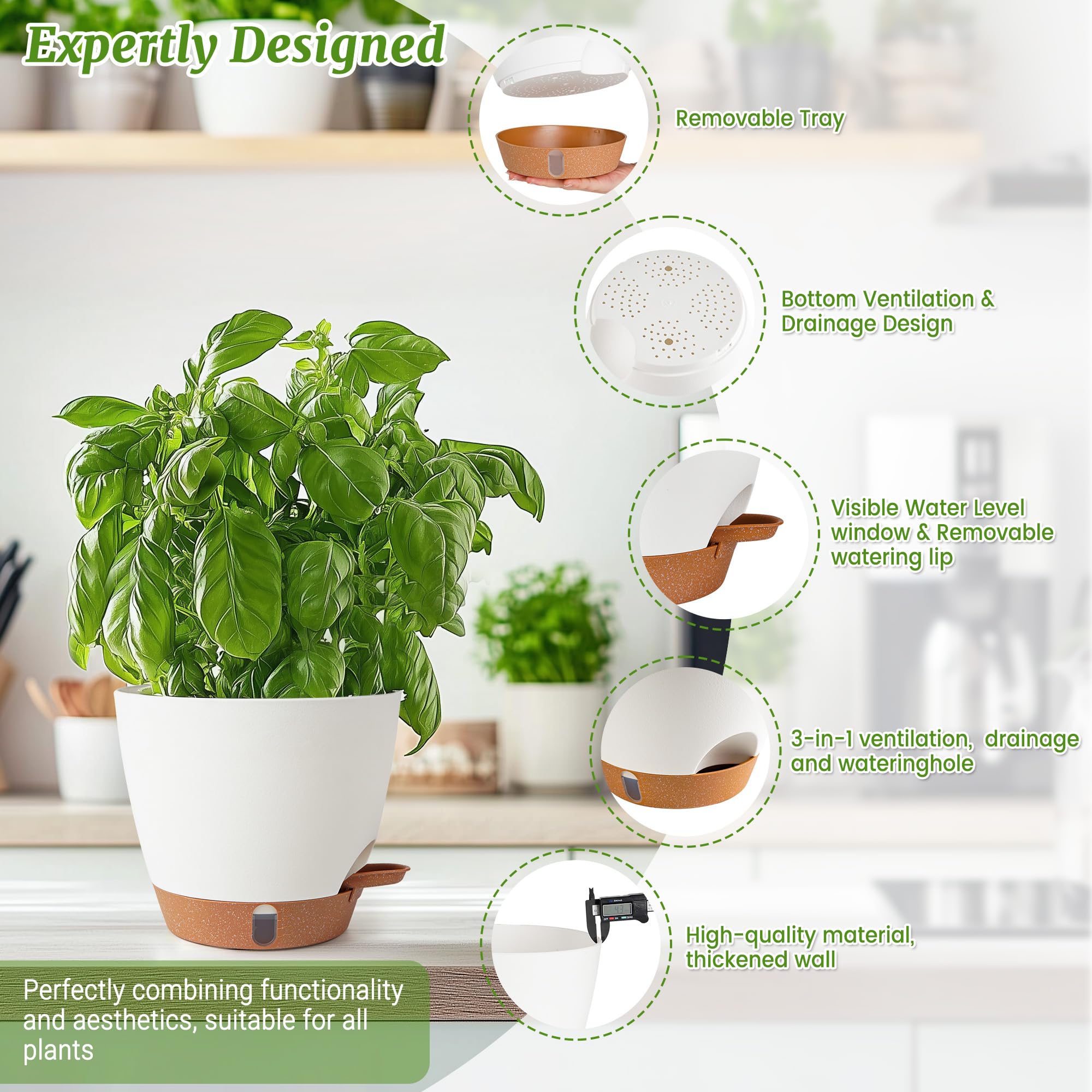 Fielda 8inch self-watering pot with UV resistant plastic for indoor or outdoor spaces.
