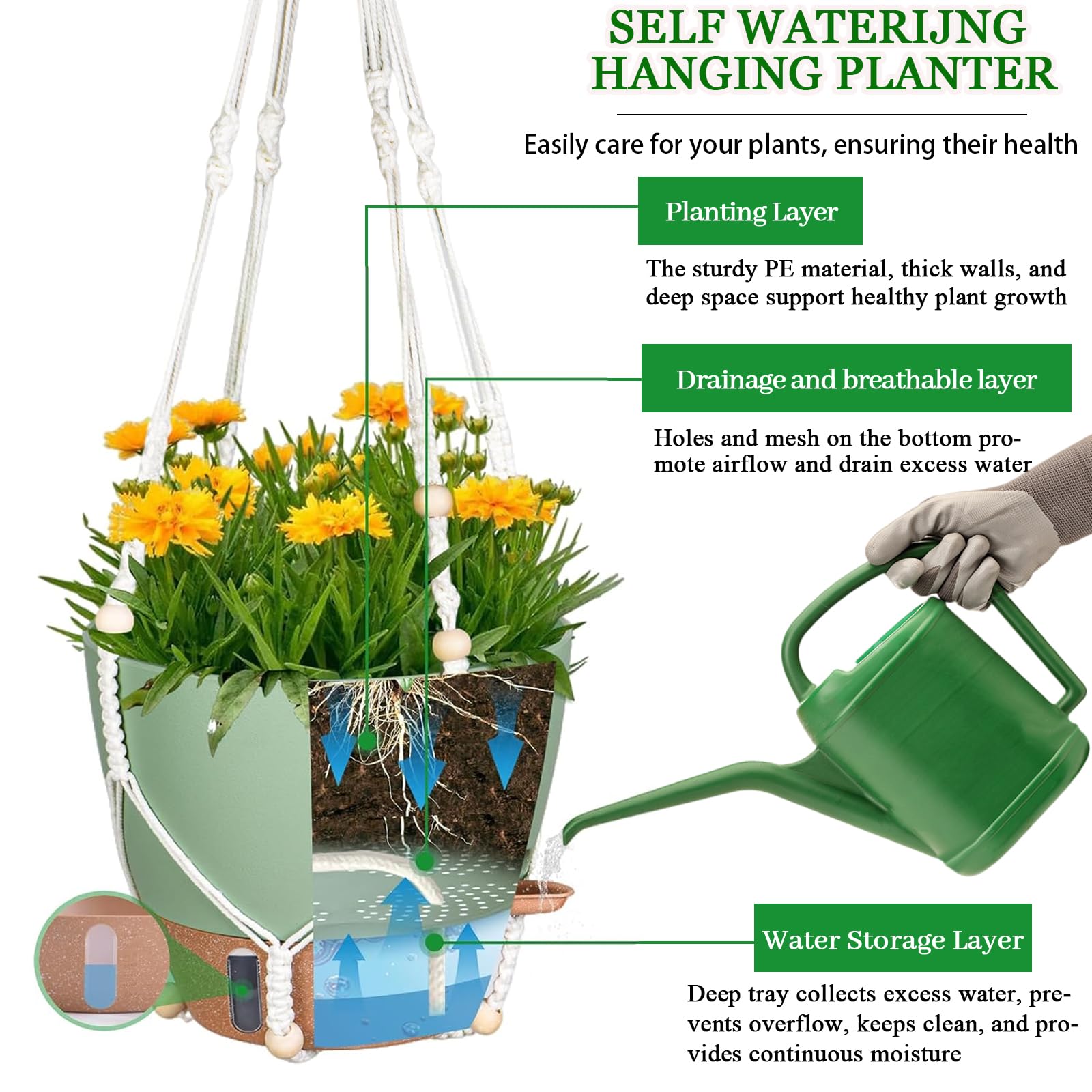 Fielda hanging planter with metal chains and bohemian macrame hangers for versatile decor.