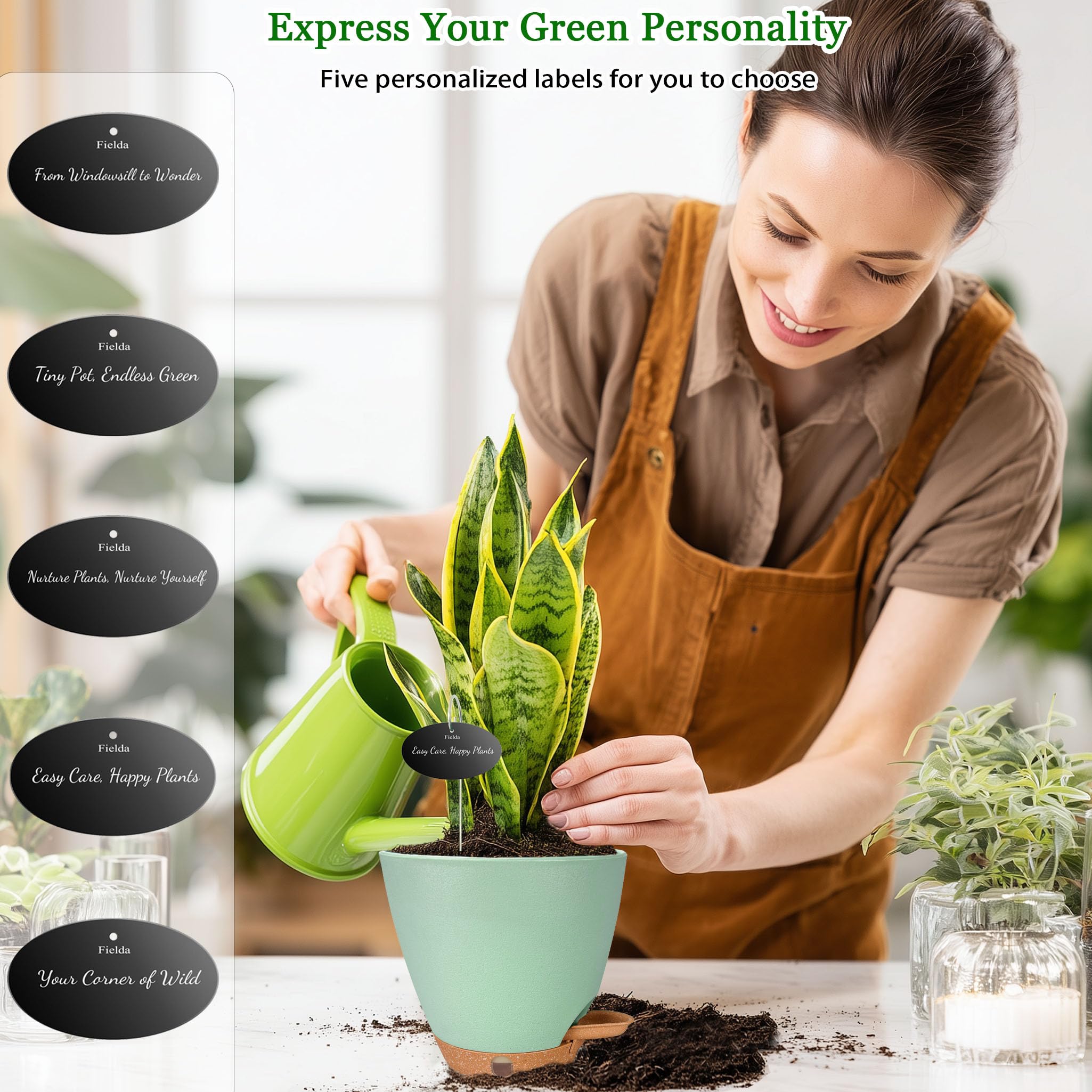 Fielda green planter blends with decor and keeps plants visible