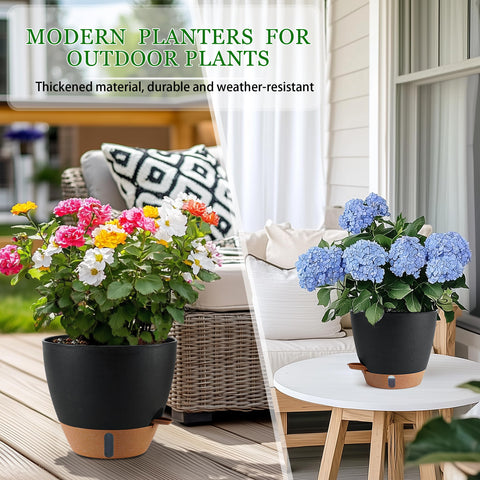 Fielda five-piece set with leak-proof saucers enhances tidy plant care