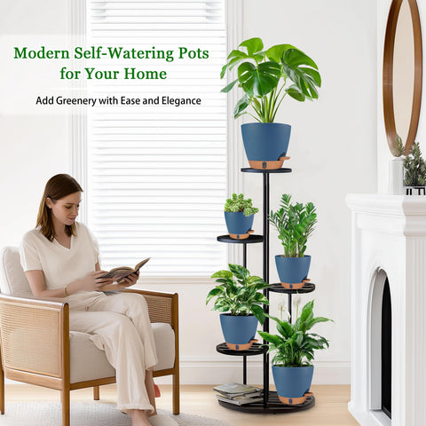Fielda navy-blue indoor plant pot with drainage holes protects floors.