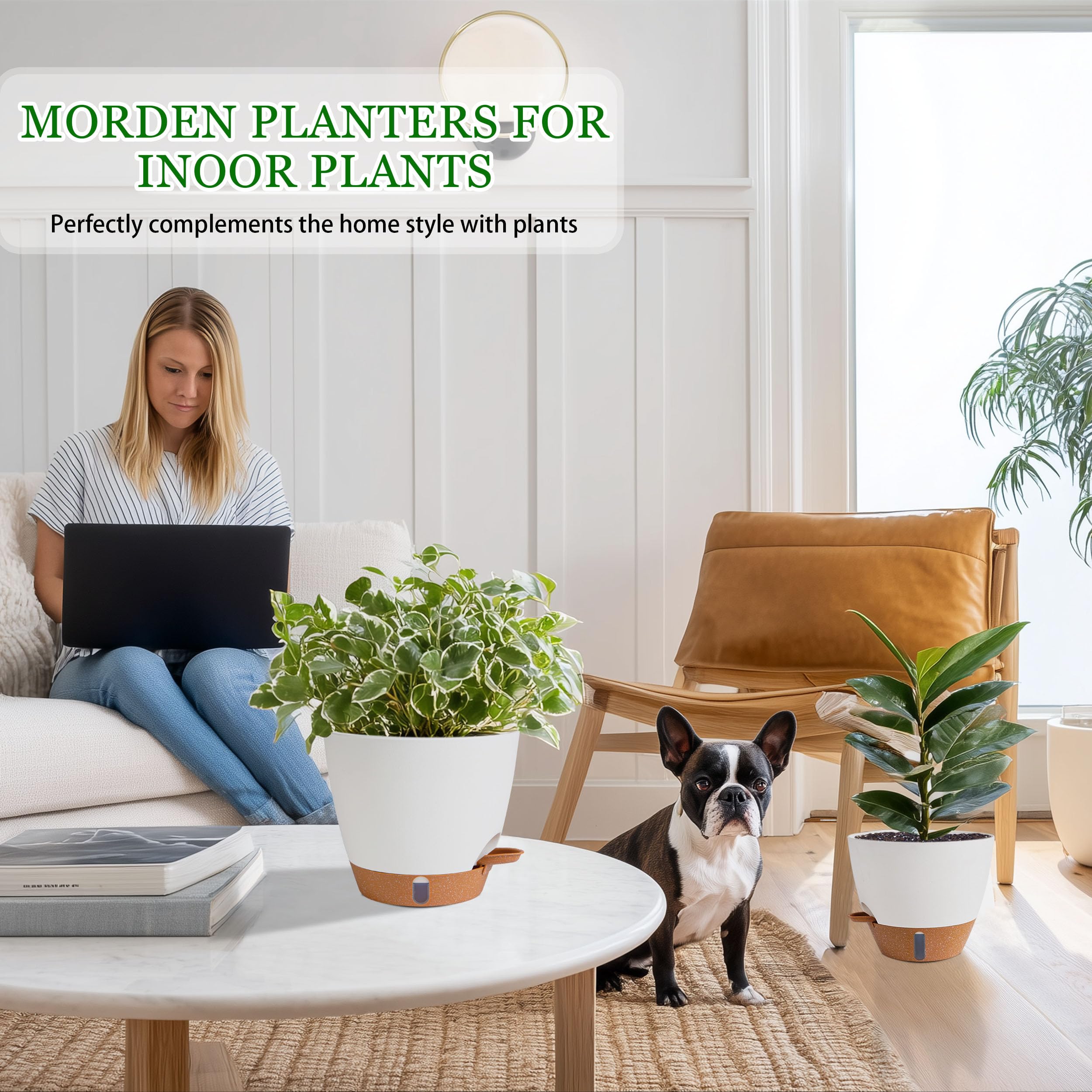 Fielda 9-inch self-watering pot showing drainage tray and outdoor-ready design.