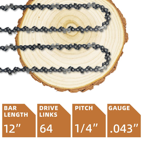 Fifchall 12-inch chain closeup showing LP pitch and gauge for precise fit