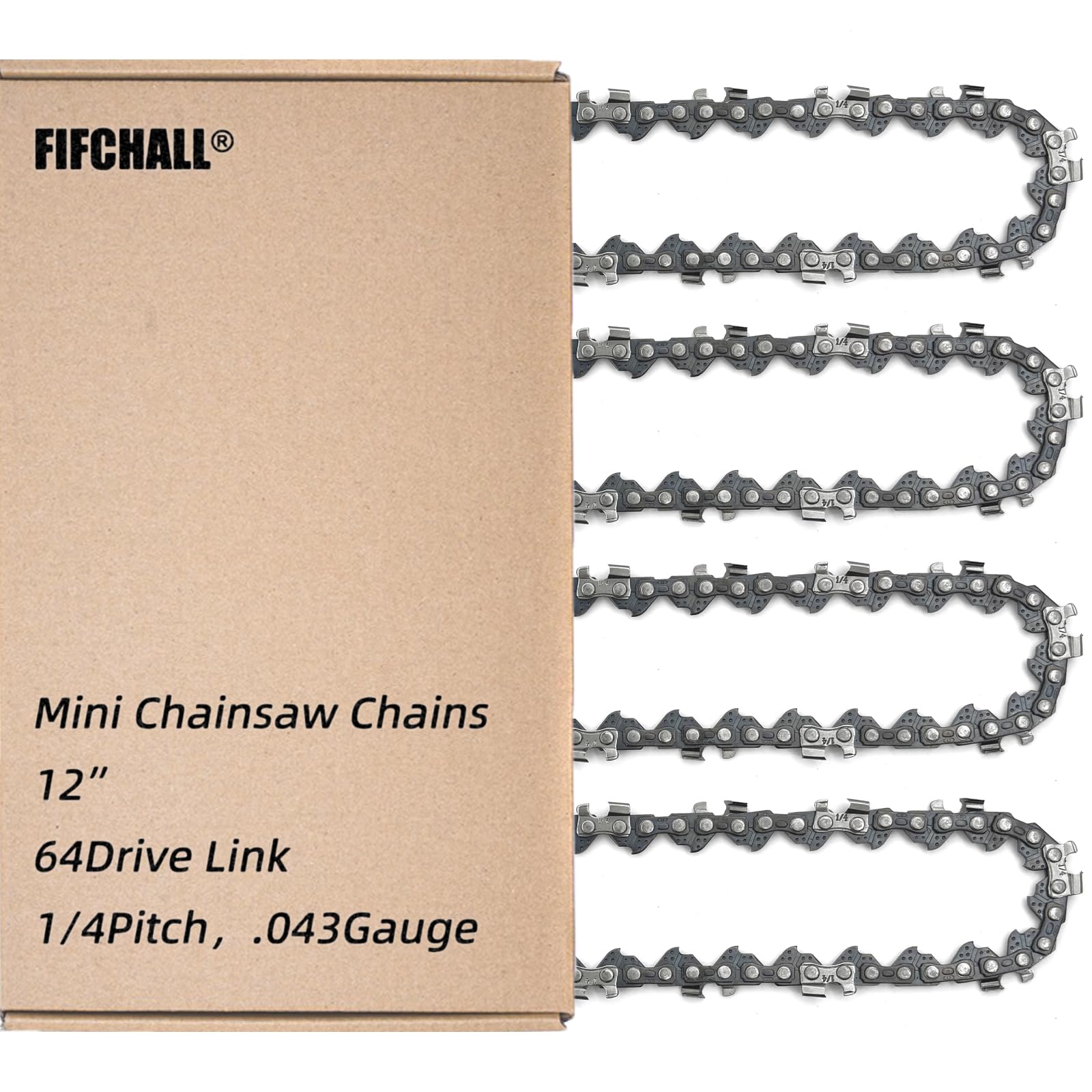 Fifchall four-pack 12-inch chainsaw chain for fast replacement during yard work.