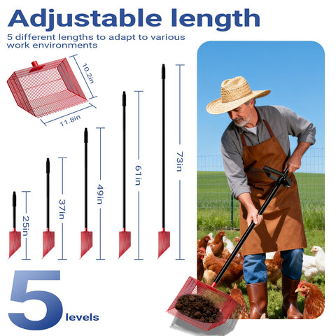 Fijaru chicken poop scooper shows an adjustable handle from 25 to 73 inches for comfortable reach.
