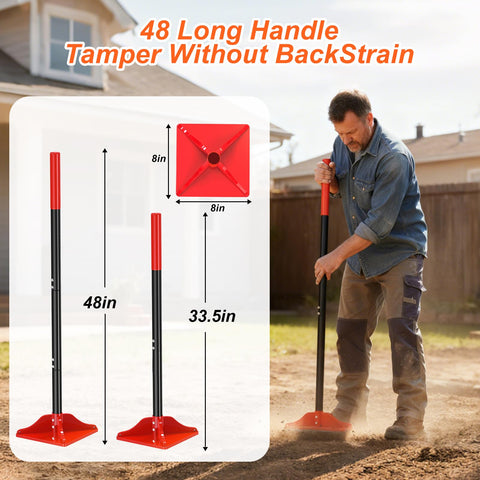 Fijaru tamper ergonomic 48in handle enables upright work and reduced back strain.