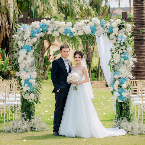 Fikowo wooden arch enhances garden party photography with natural charm.