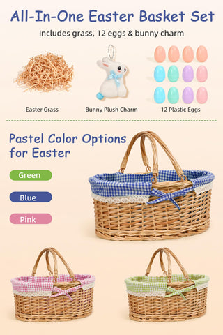 Filano basket with blue gingham liner shows 12 plastic eggs for a bright egg hunt.