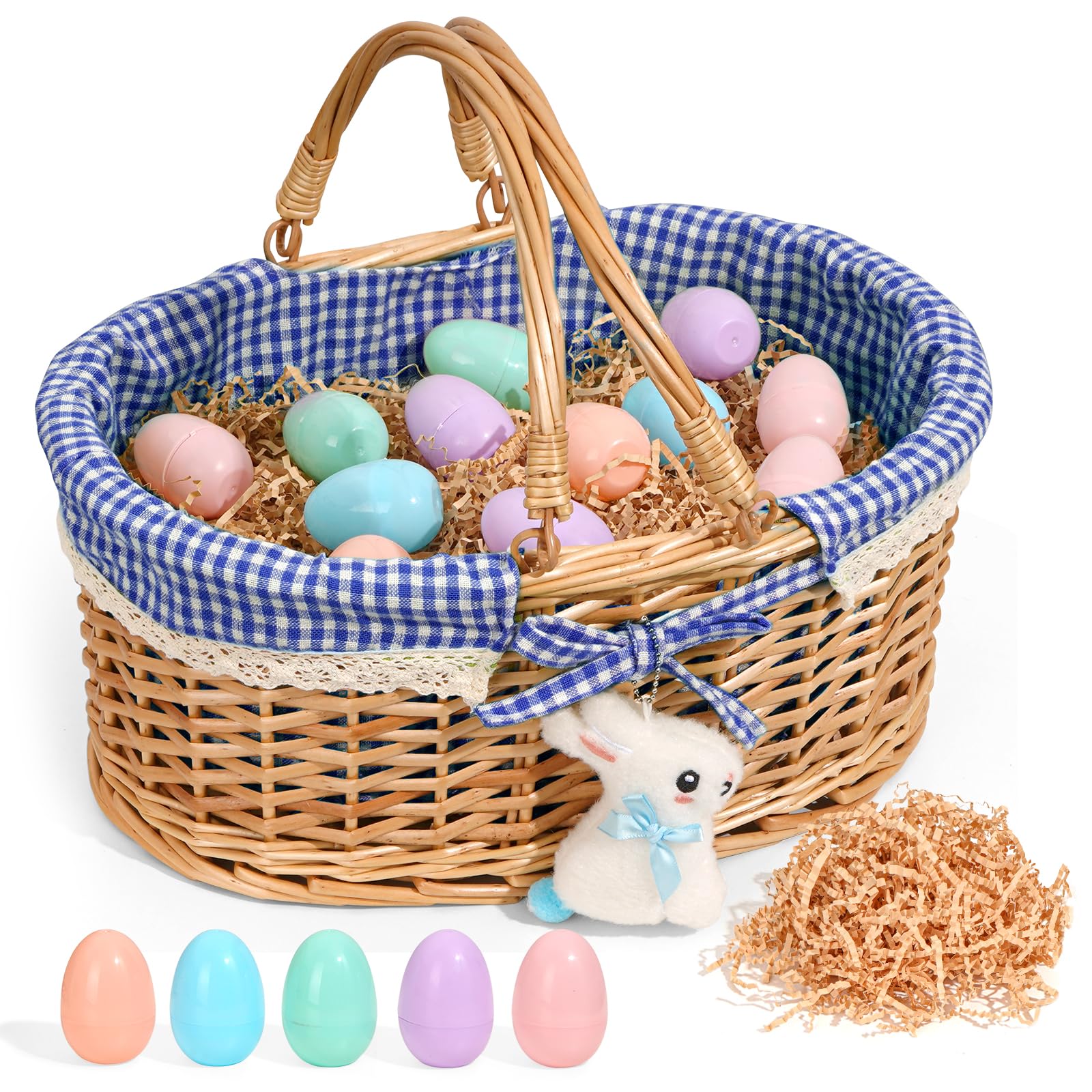 Filano Easter basket oval blue gingham with sturdy handles for easy Easter egg hauling.