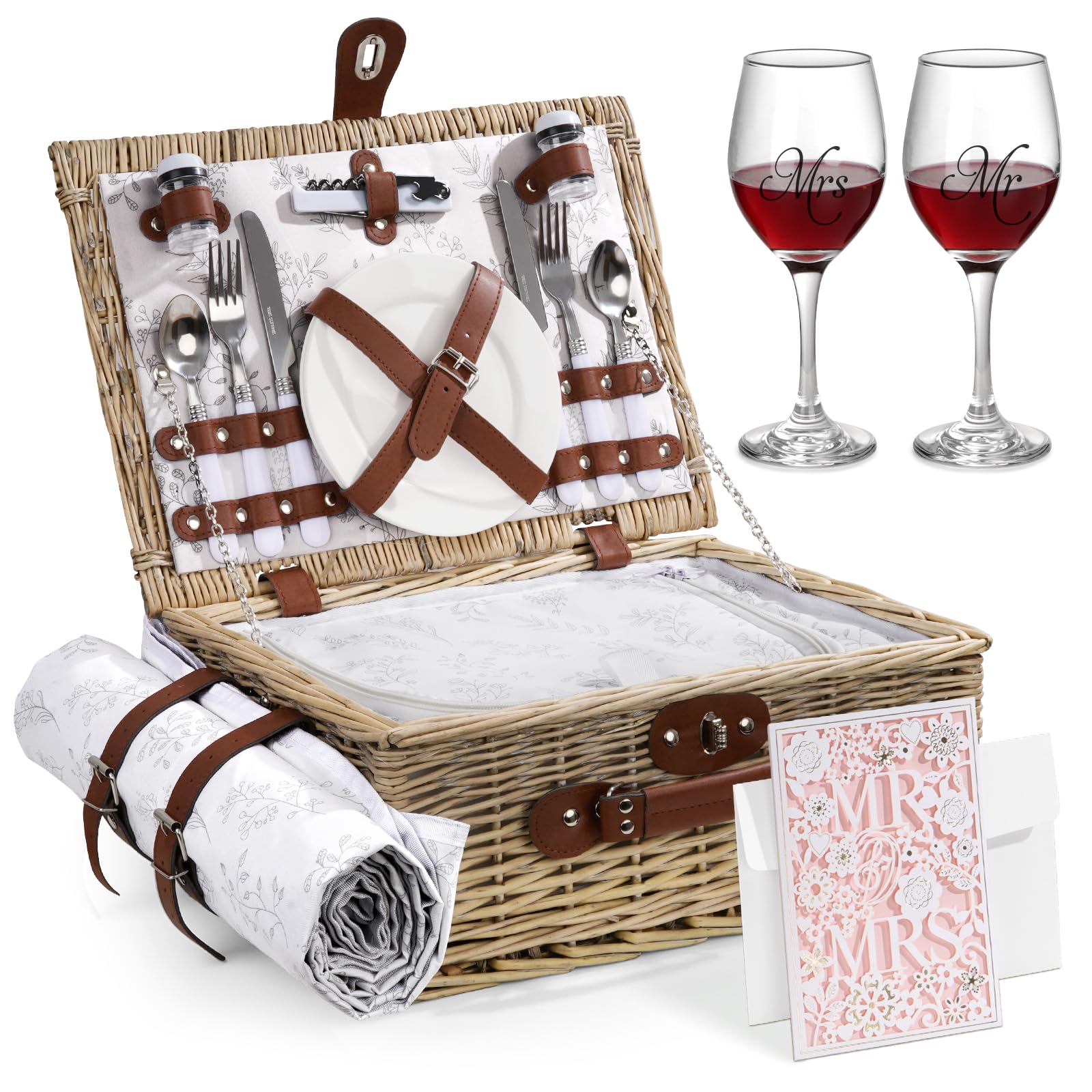 Filano picnic basket for two with handwoven wicker and romantic lining, ideal for weddings.
