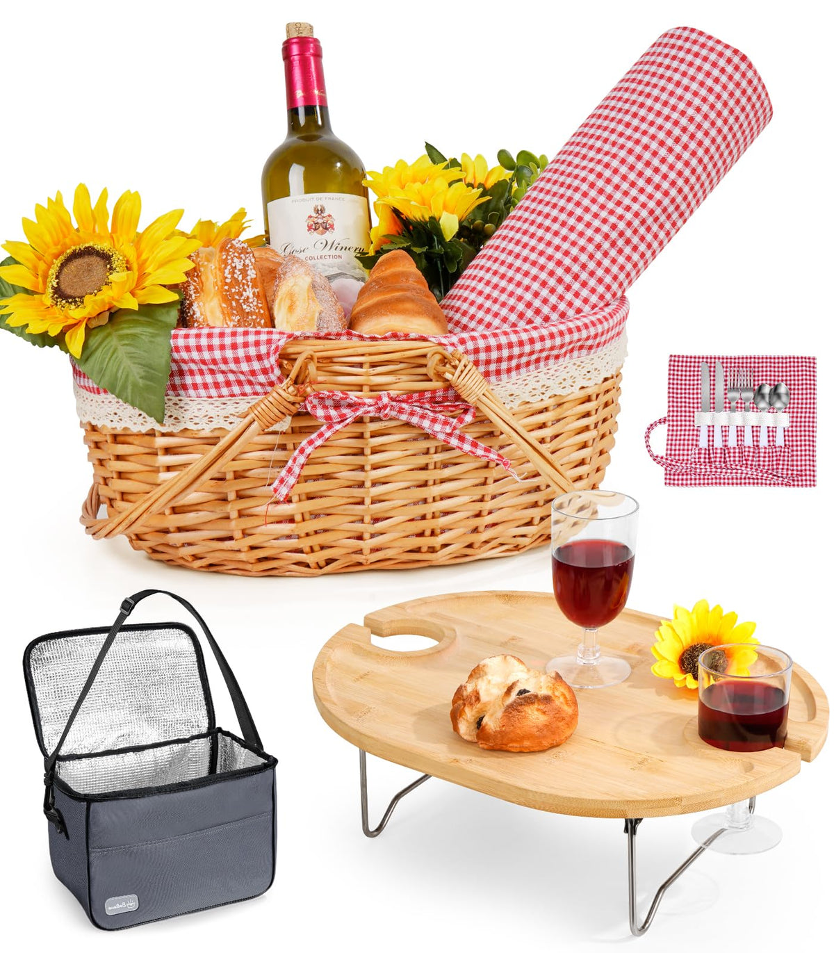 Filano picnic basket for two with table and blanket ready for a park date.
