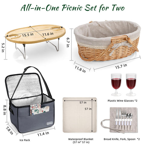 Filano wicker picnic basket with grey floral lining for durable carrying