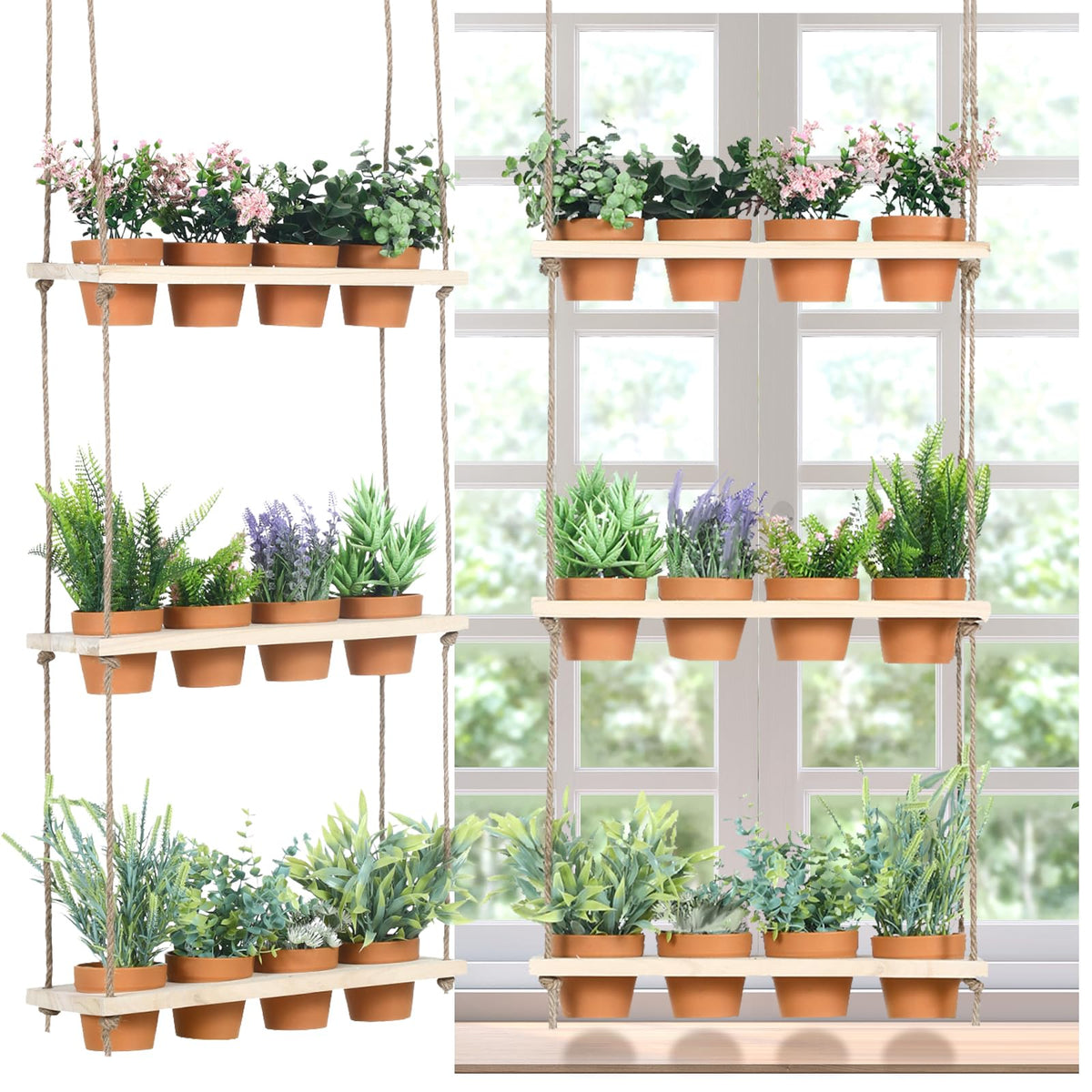 FillTouch 3-tier hanging herb planter on wall for easy herb access.