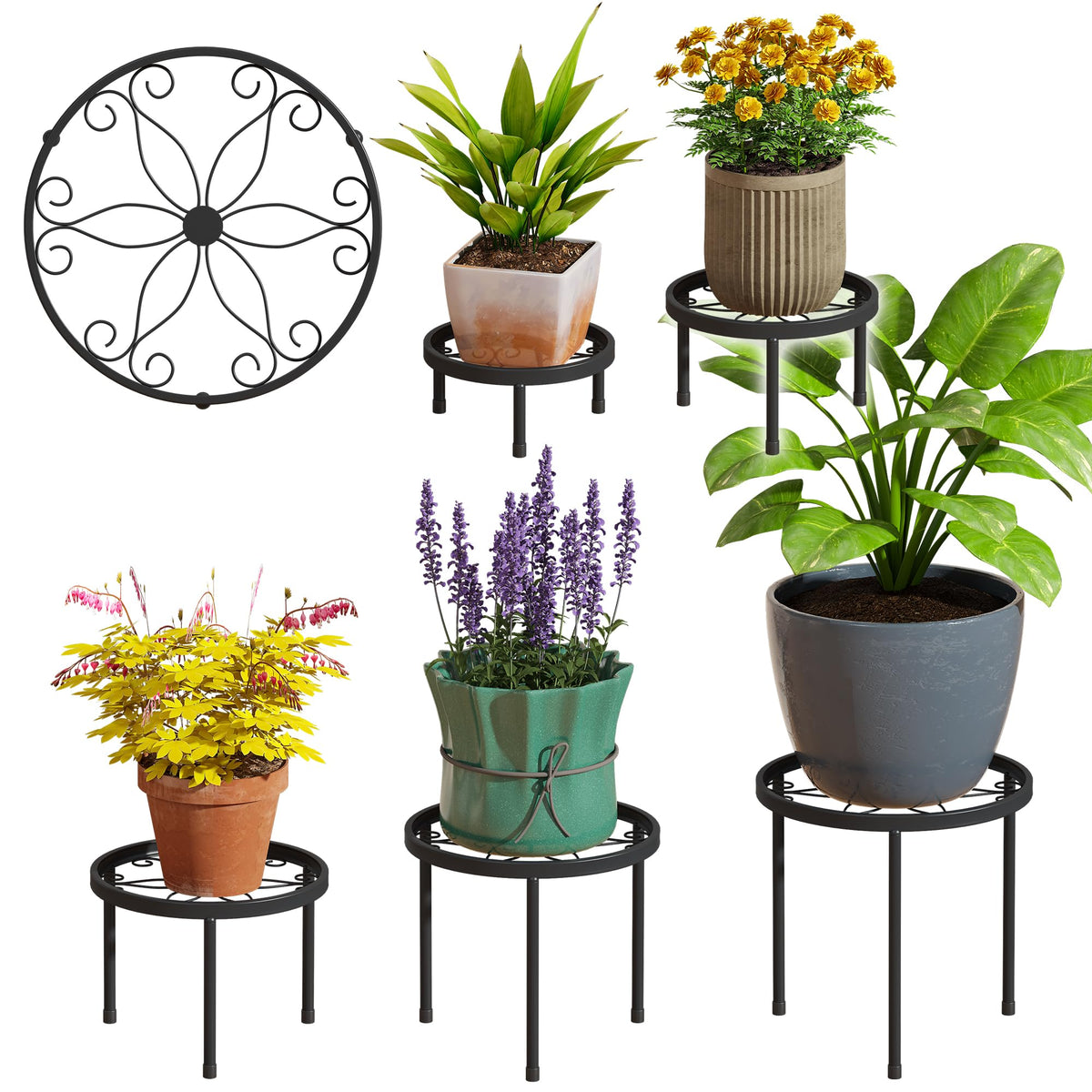 FILWH plant stand 5-pack in black provides compact, sturdy display for multiple pots.