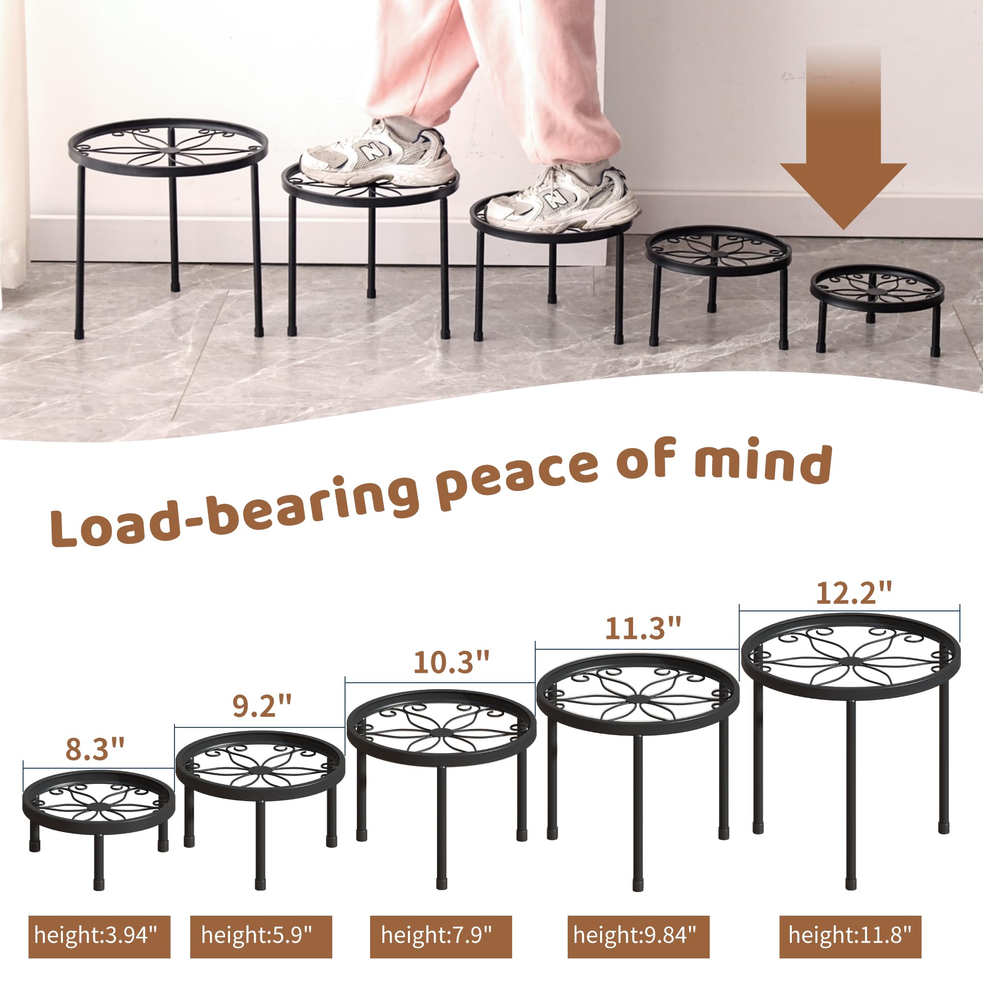 Versatile FILWH plant stands accommodate different pot sizes for layered displays.