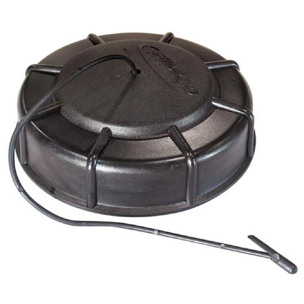 Fimco 5058188 fill cap with tether on a 5-inch lid, preventing spills.