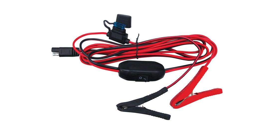 Fimco 8-foot lead wire with alligator clips enables flexible power connections.