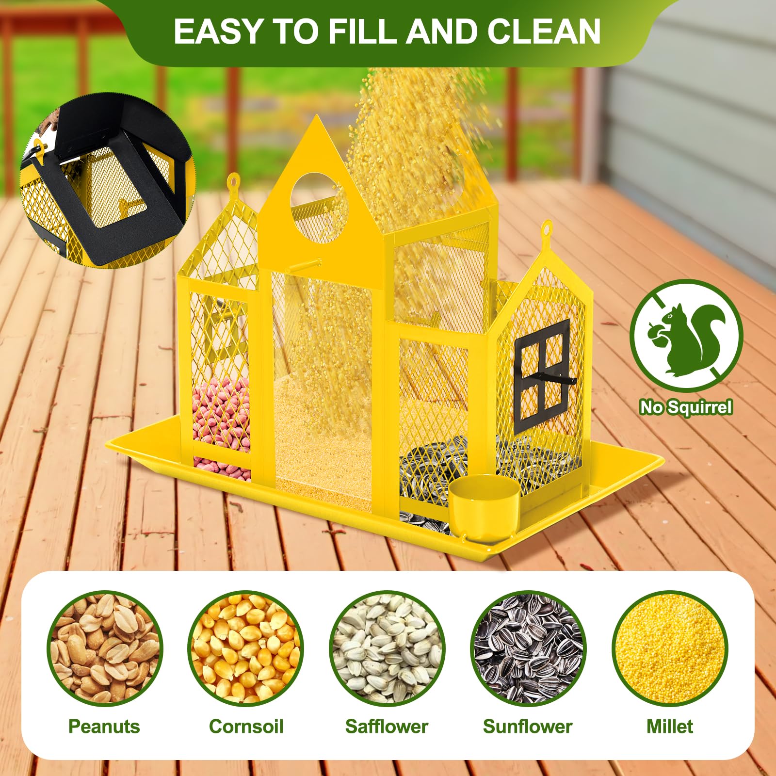 FIMOFIDRE squirrel-proof design helps protect seed and keeps birds nearby.