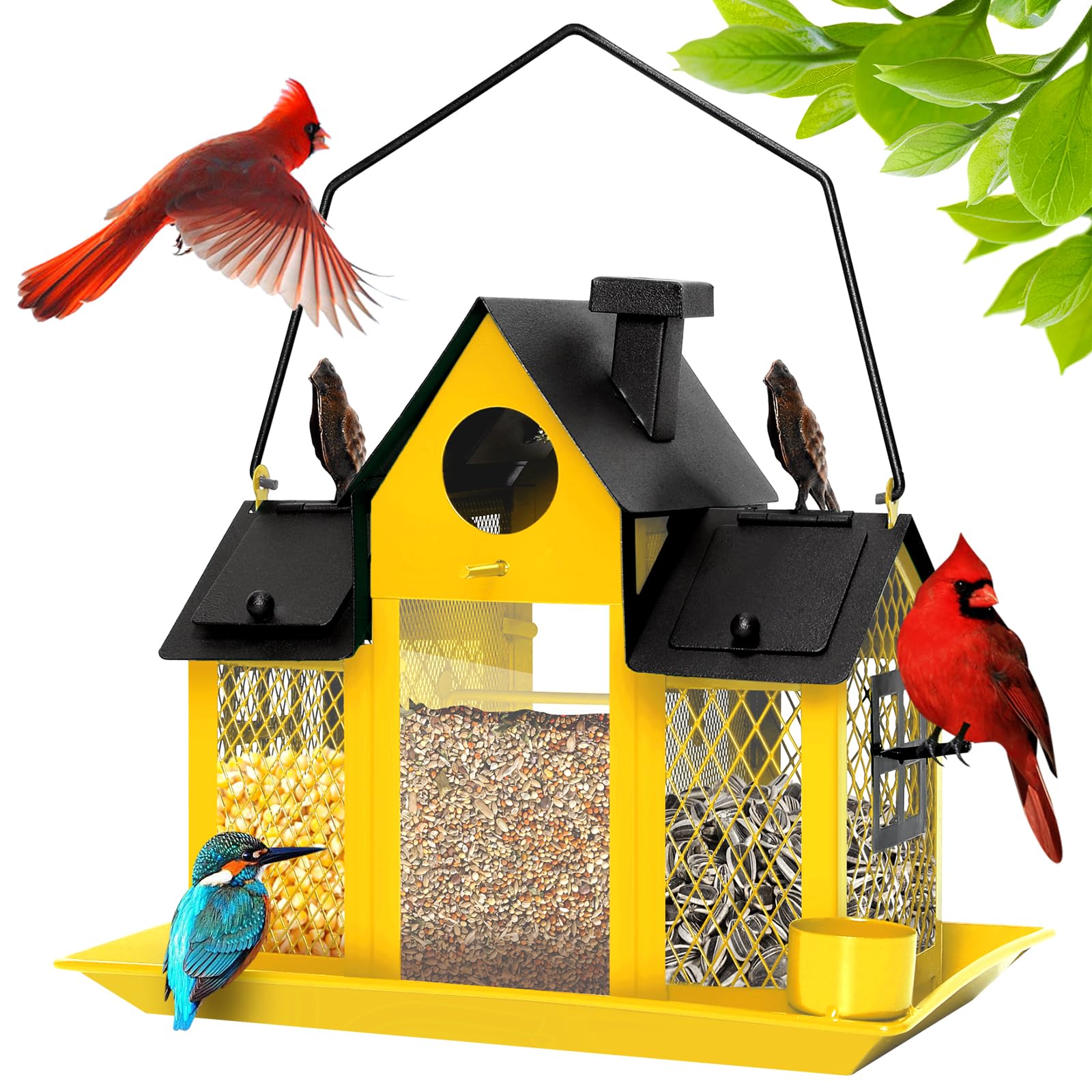 FIMOFIDRE solar bird feeder outdoors in yellow, invites cardinals and goldfinches for lively backyard viewing.