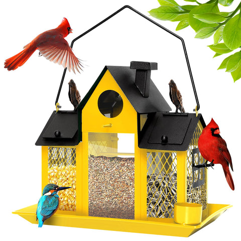 FIMOFIDRE solar bird feeder outdoors in yellow, invites cardinals and goldfinches for lively backyard viewing.