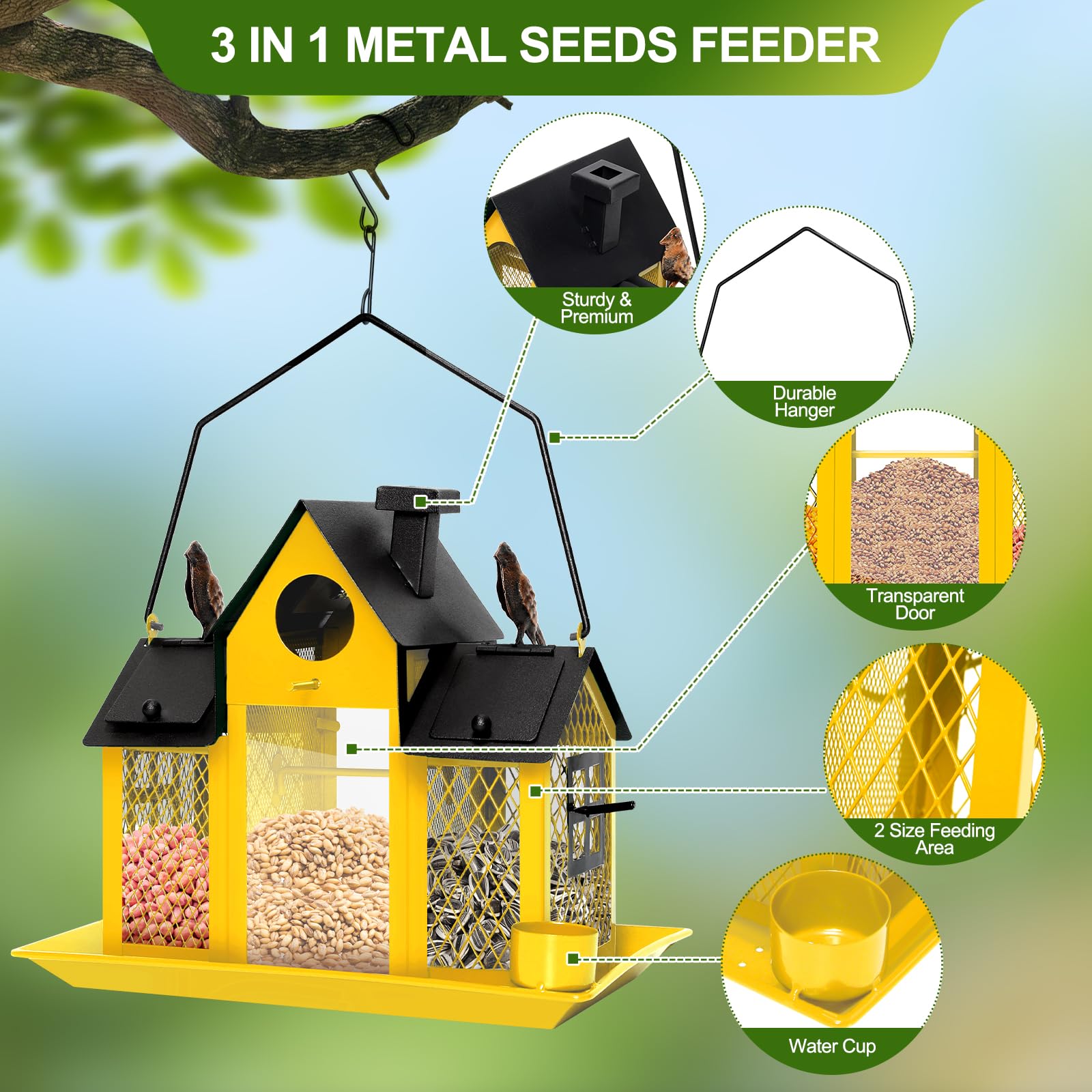 FIMOFIDRE solar feeder is durable metal with weatherproof coating for year-round outdoor use.