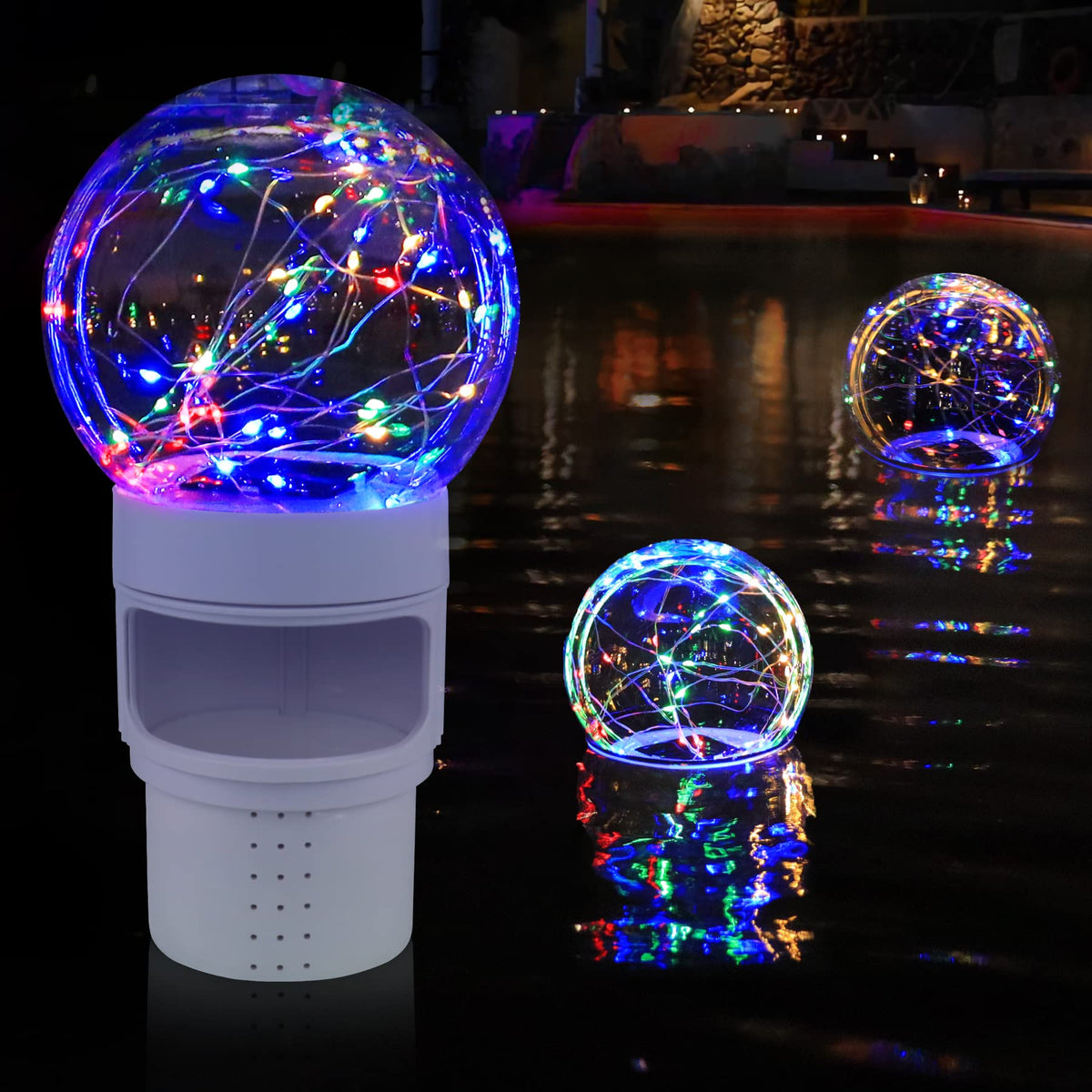 FineBud Andromeda solar ball lights illuminate pool nights on the float
