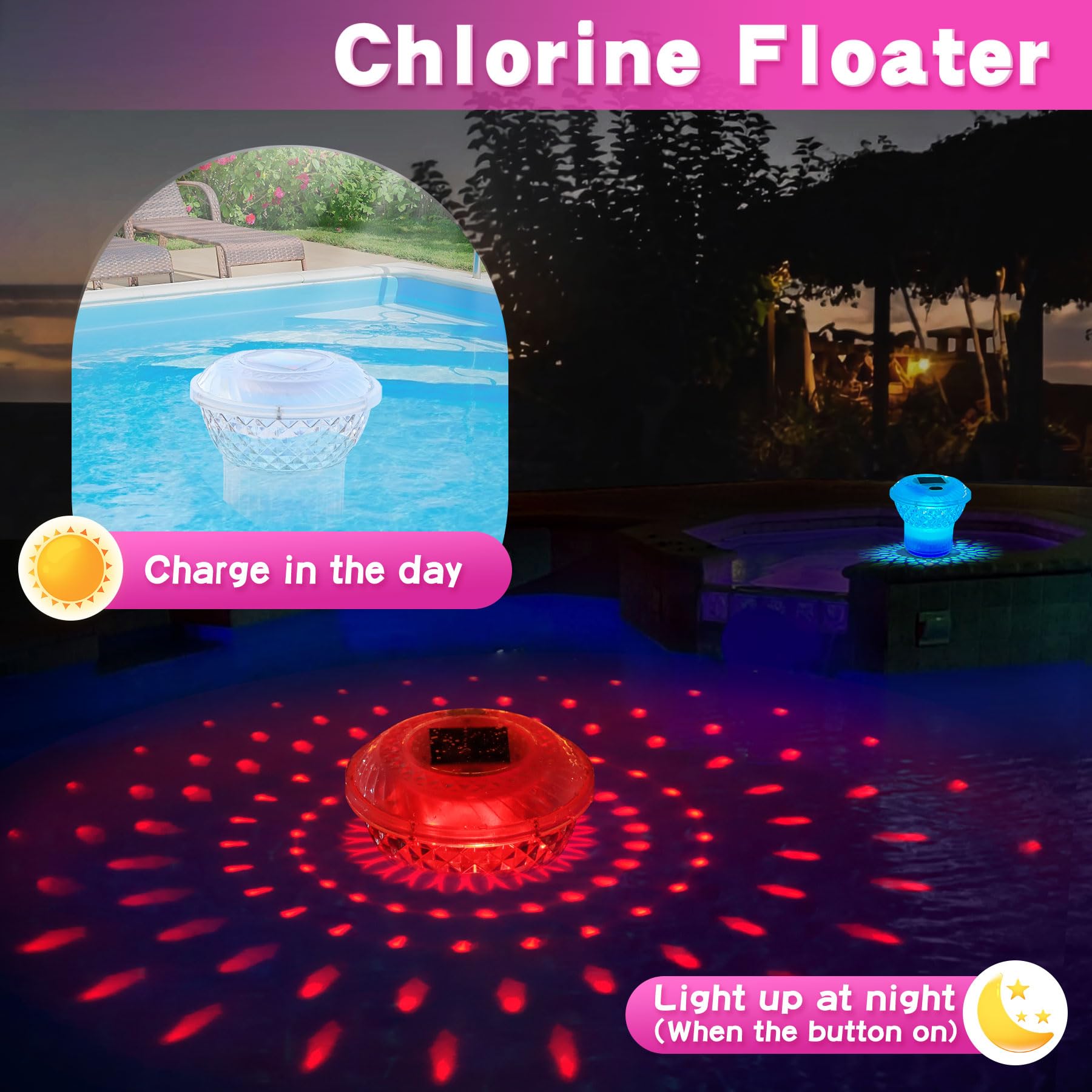 FineBud chlorine floater button control displays vibrant colors for easy nighttime operation.