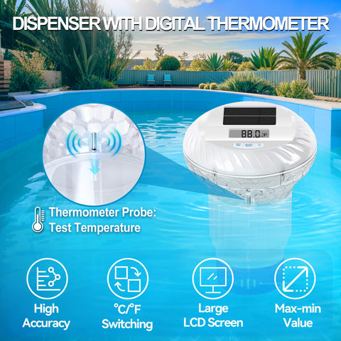 FineBud digital LCD thermometer on chlorine floater helps monitor pool temperature at a glance