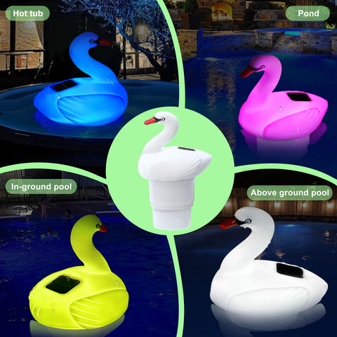 FineBud LED Color floater emits colorful light for nighttime pool ambience.