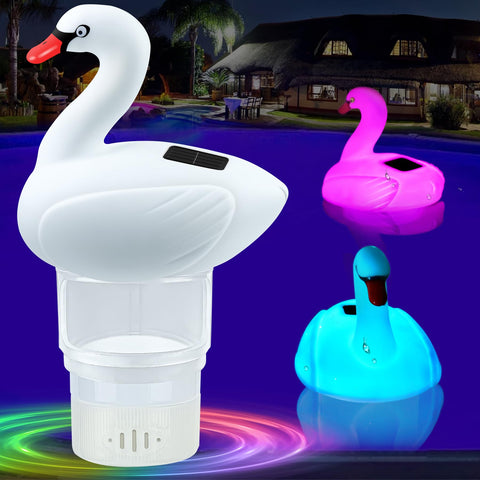 FineBud Swan Light chlorine floater glows at night for ambiance and visibility.