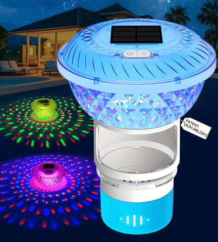FineBud Solar Chlorine Floater glows with colorful lights for pool ambience.