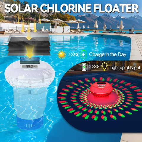 FineBud solar lights illuminate the water at night, creating a pleasant pool ambiance