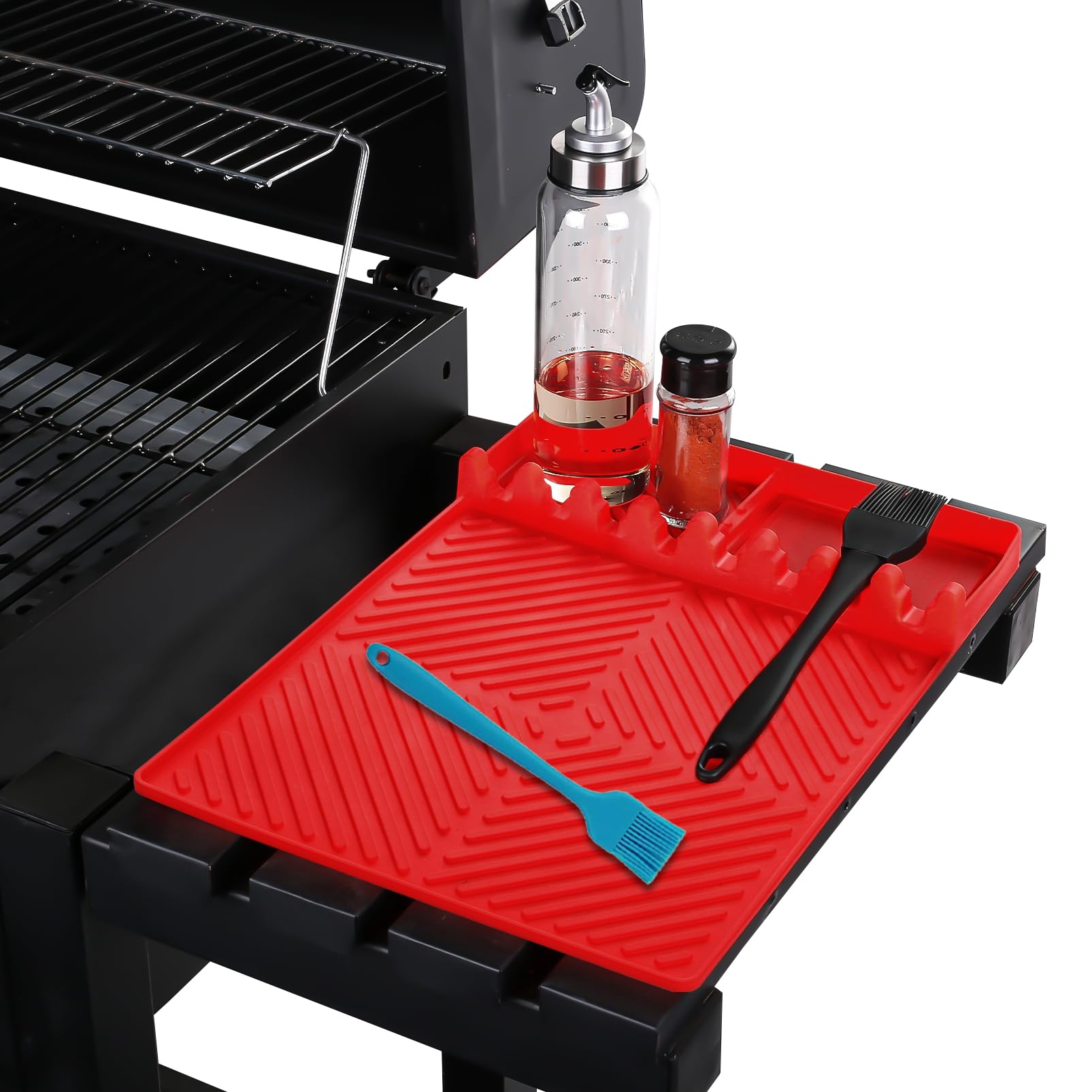 Find Law silicone griddle mat on Blackstone side shelf keeps utensils organized.
