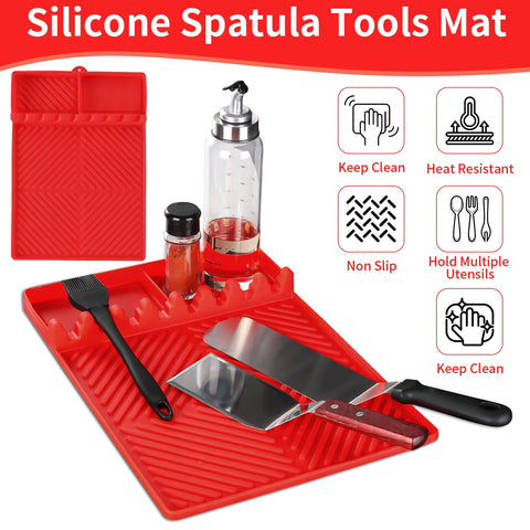 Find Law silicone mat used as utensil organizer on counter.