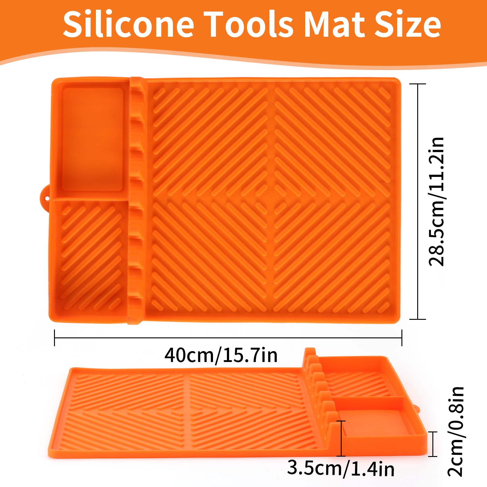 Find Law silicone tools mat orange with drip pad catches spills.