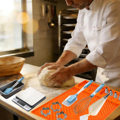 Find Law silicone tools mat orange is heat resistant near stoves.
