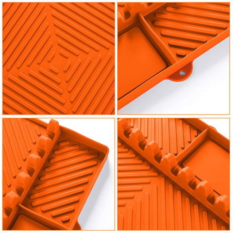 Find Law silicone tools mat orange protects counters during high-heat cooking.