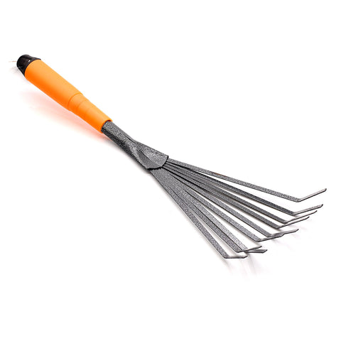 Finder steel hand rake with ergonomic handle for precise soil cultivation and garden sweeping