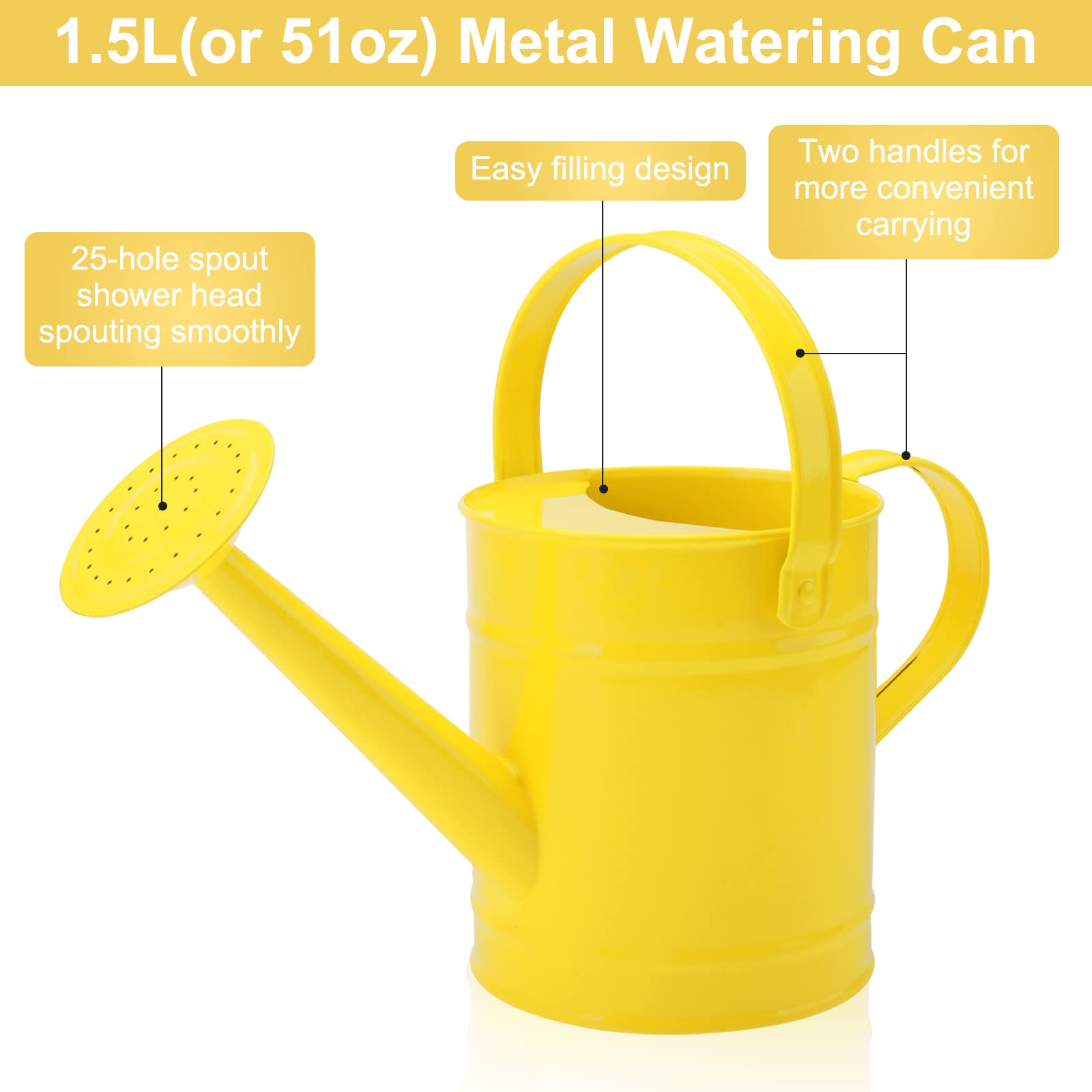 Finderomend metal watering can yellow handle for comfortable pouring and control.