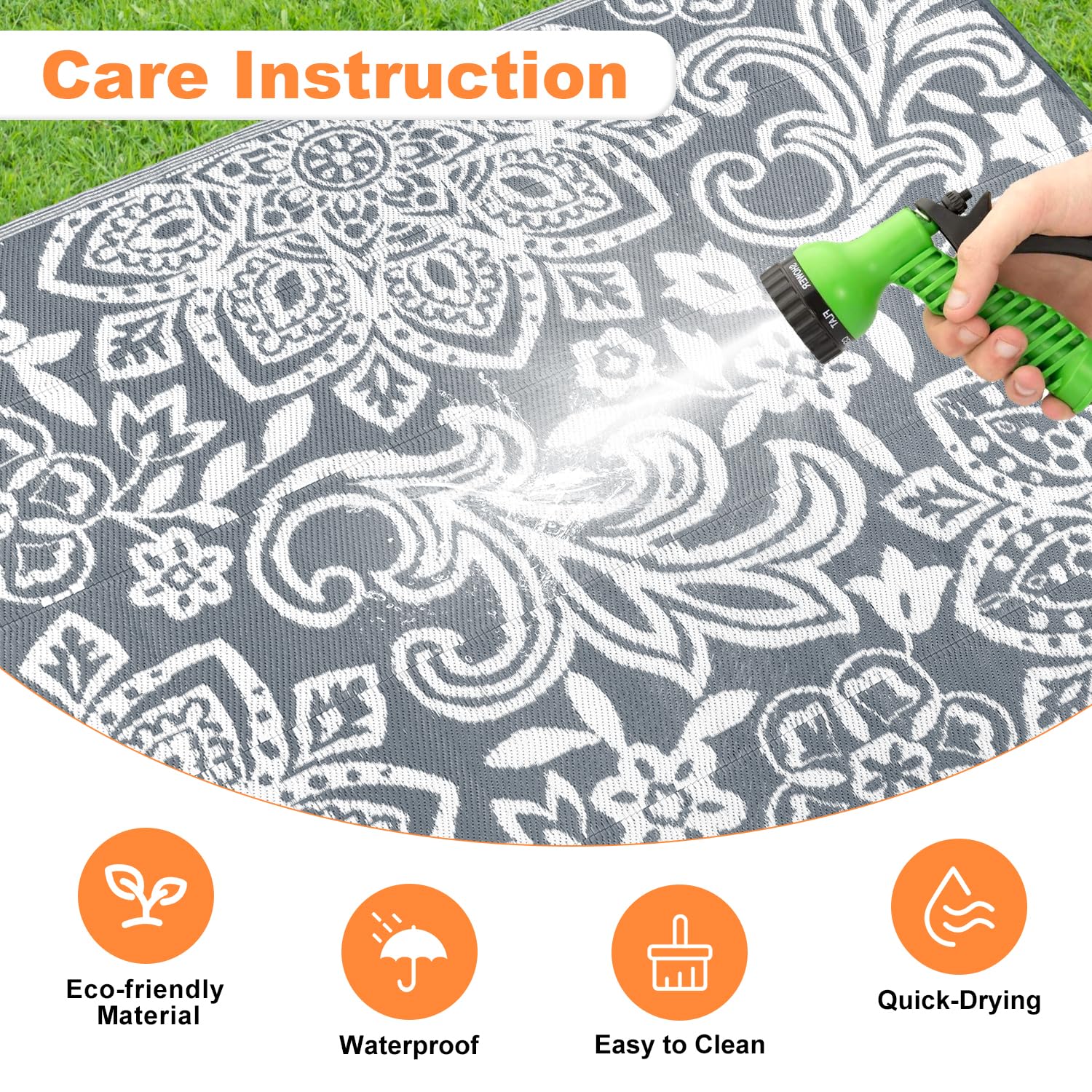 Findosom easy-clean dirt-repellent rug being rinsed after outdoor use