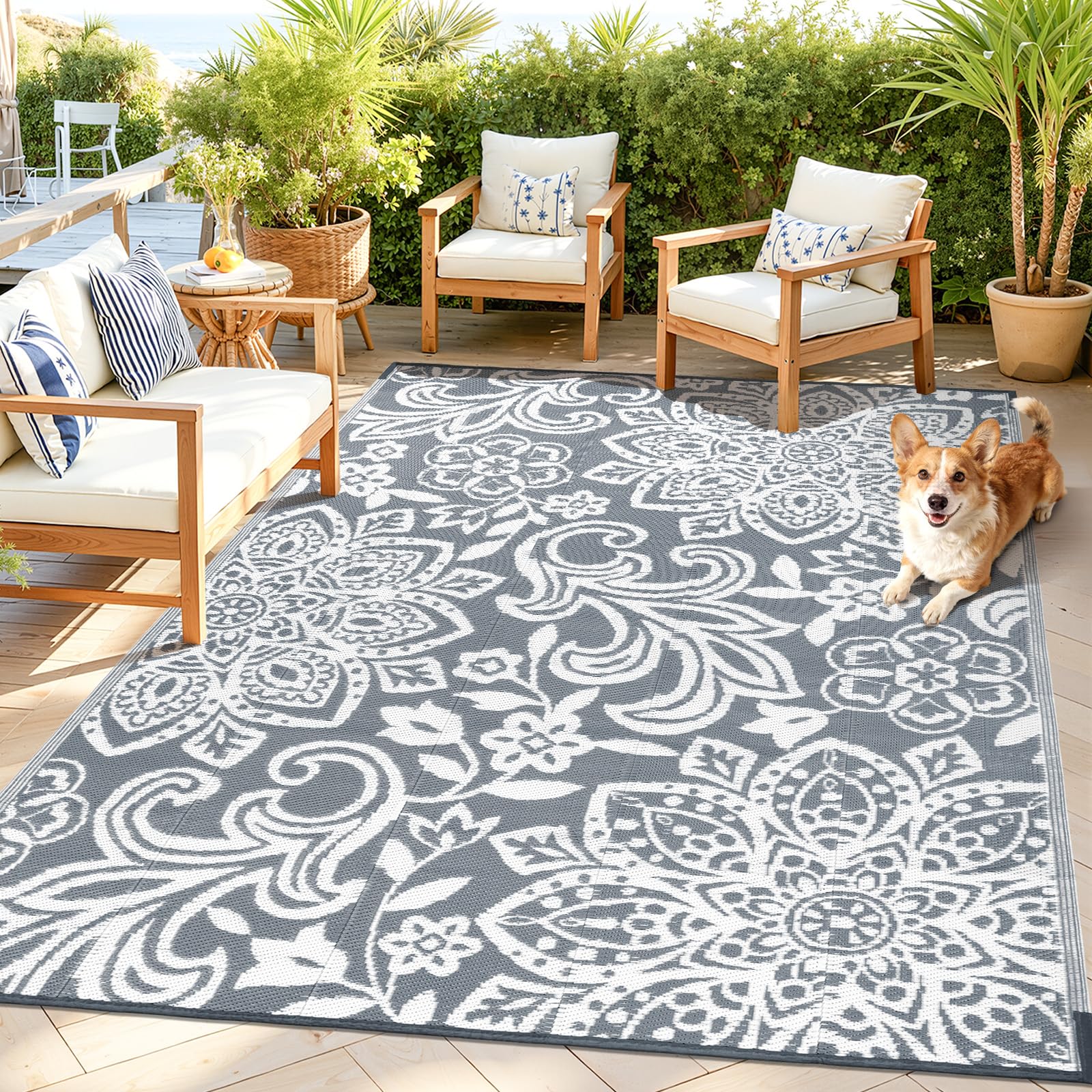 Findosom outdoor rug 5x8 mandala front view showing reversible design and color options