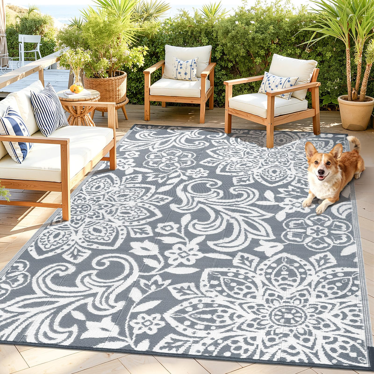 Findosom outdoor rug 5x8 mandala front view showing reversible design and color options