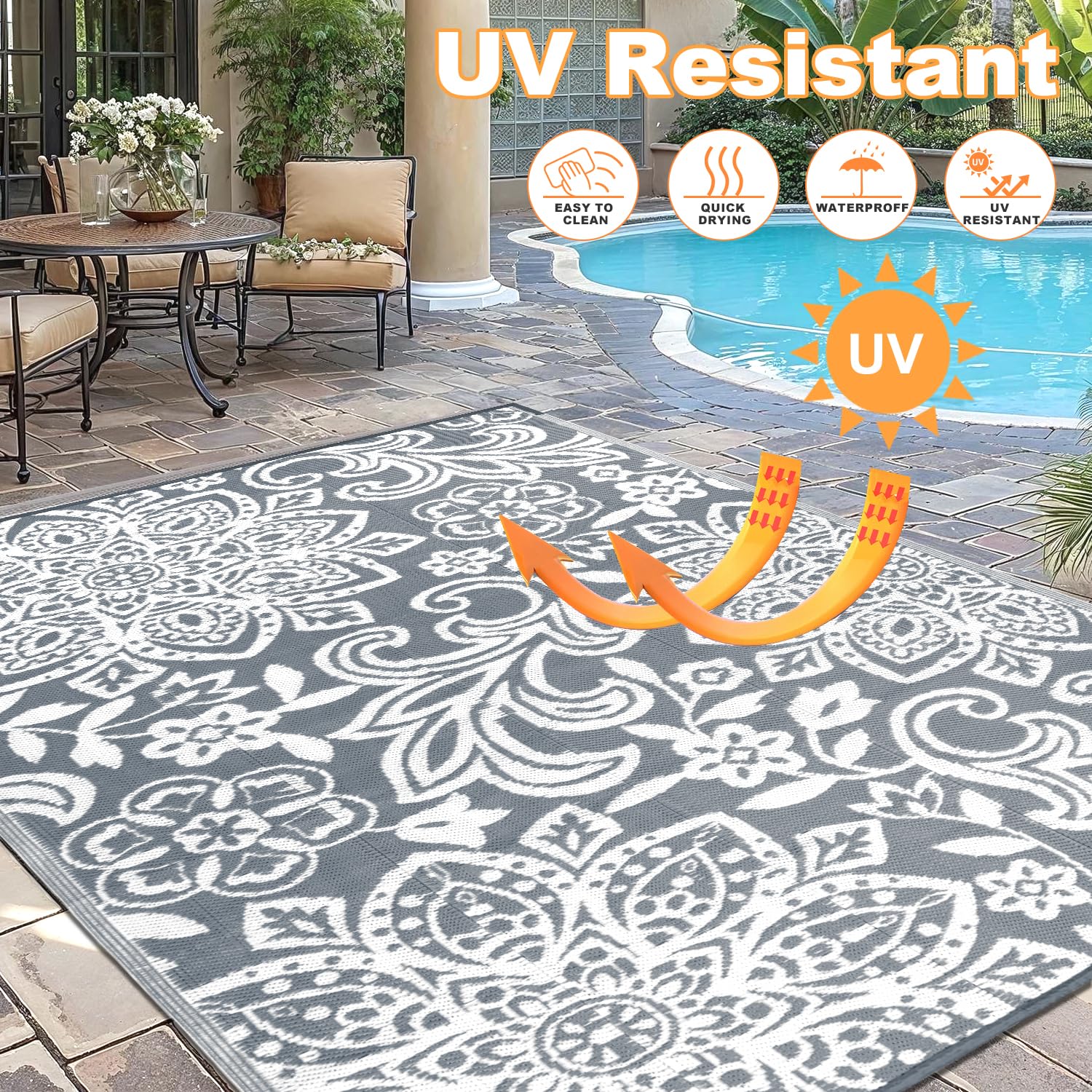 Findosom rug with UV-resistant coating resisting fading in bright sun