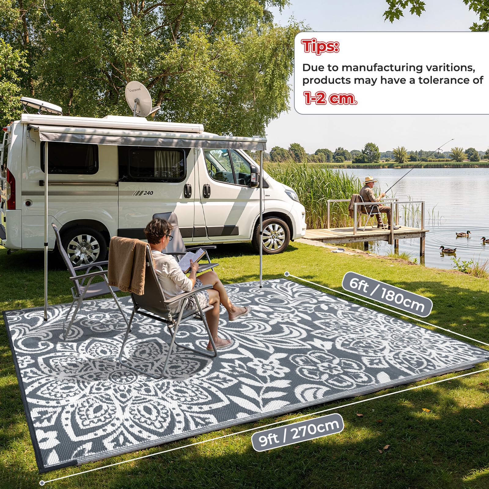 Findosom UV-resistant outdoor rug 6x9 gray maintains color in sun.