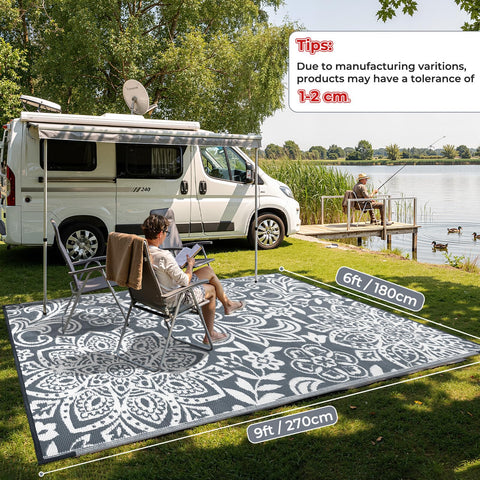 Findosom UV-resistant outdoor rug 6x9 gray maintains color in sun.