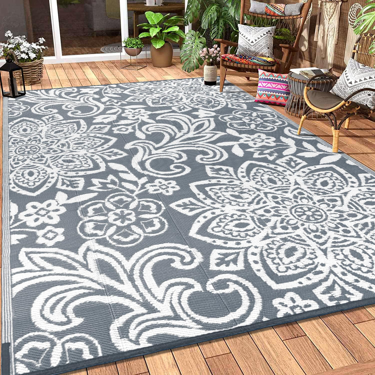 Findosom waterproof outdoor rug 8x10 with reversible mandala pattern for patios and decks