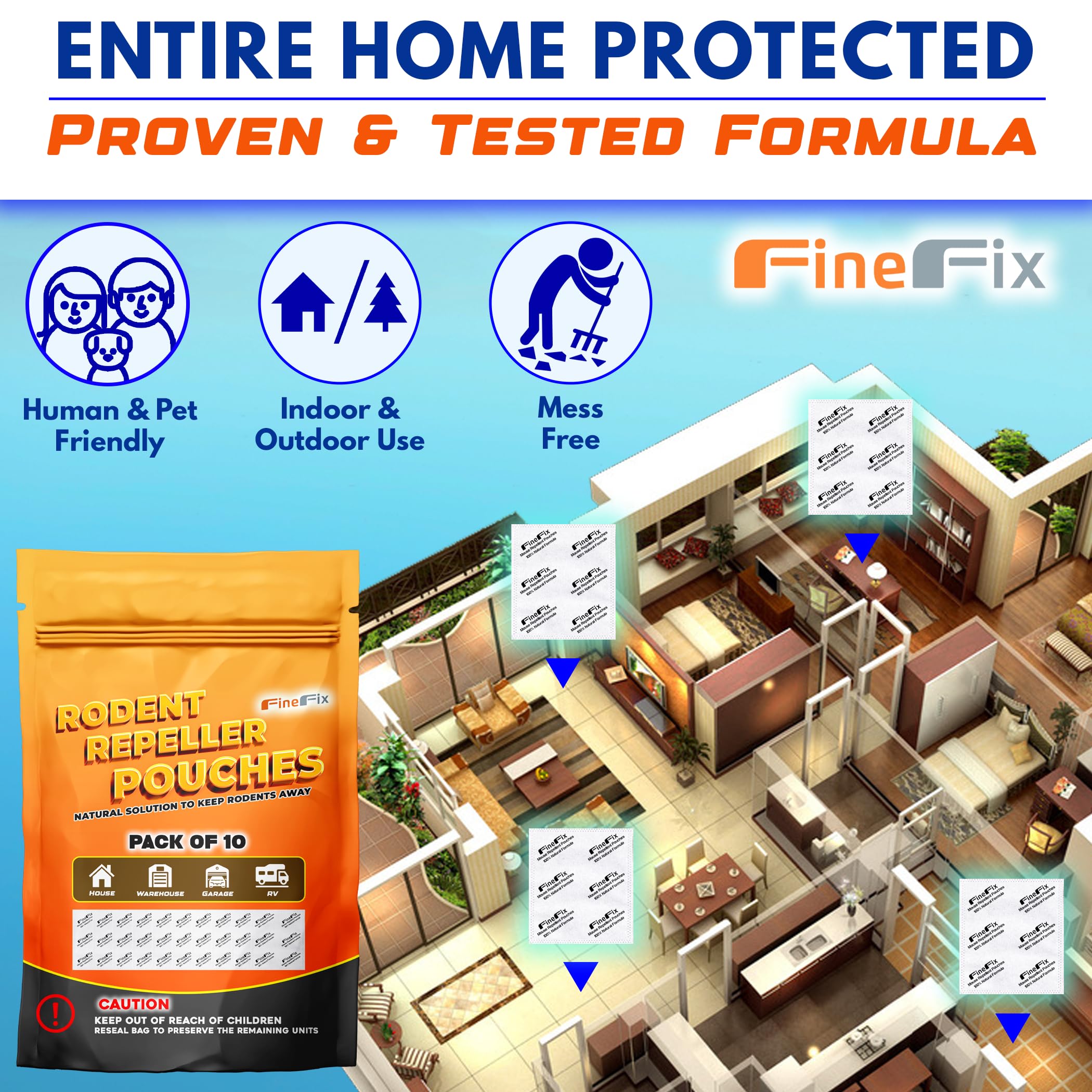 FineFix rodent pouches on garage shelf offer ongoing deterrence.